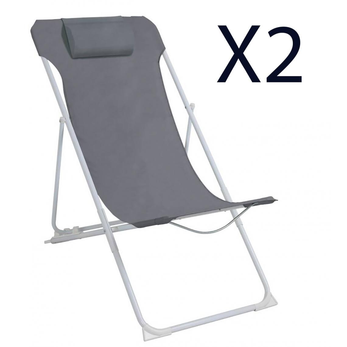 Pegane - Lot de 2 chaises longues pliantes 3 positions avec coussin en acier blanc et polyester gris - Longueur 56 x Profondeur 84 x Hauteur 75-91 cm - Chaises de jardin
