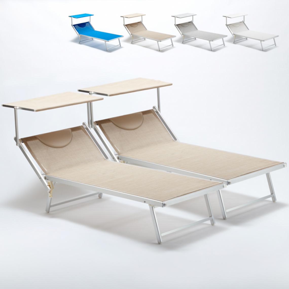 Beach And Garden Design - 2 Bain de soleil Xxl professionnels chaises longue piscine transat aluminium Italia Extralarge, Couleur: Beige - Transats, chaises longues