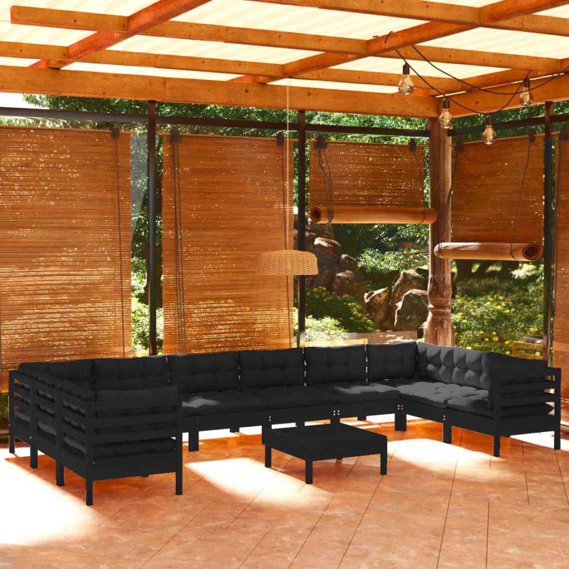Vidaxl - vidaXL Salon de jardin 11 pcs avec coussins Noir Bois de pin - Ensembles canapés et fauteuils