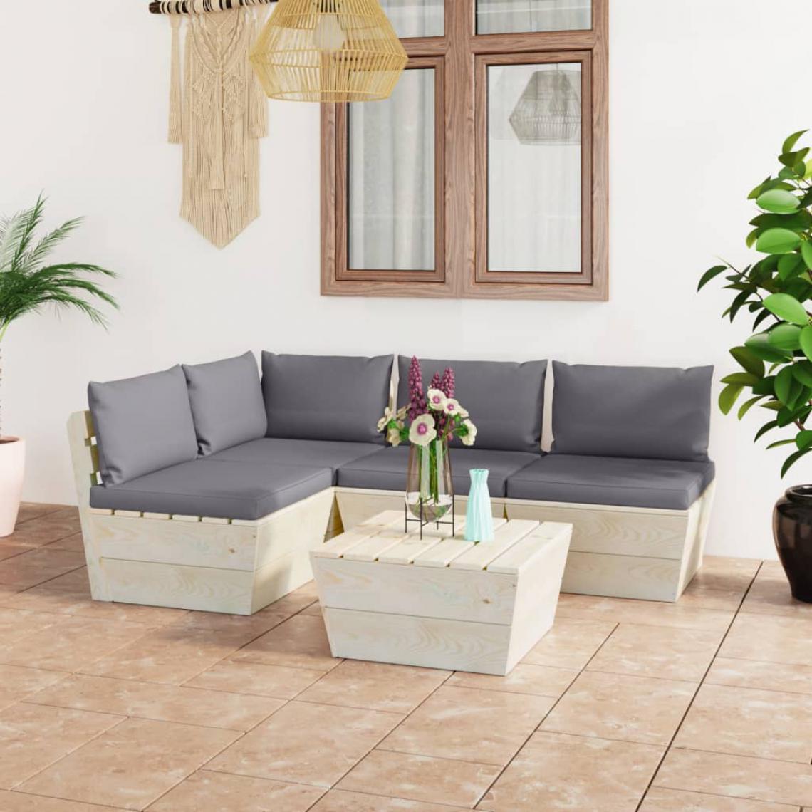 Chunhelife - Salon de jardin palette 5 pcs avec coussins Épicéa imprégné - Ensembles canapés et fauteuils