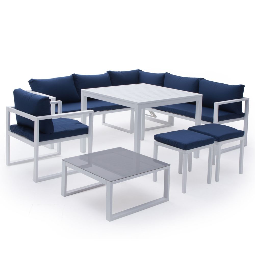 Happy Garden - Salon de jardin modulable IBIZA en tissu bleu 7 places - aluminium blanc - Ensembles tables et chaises