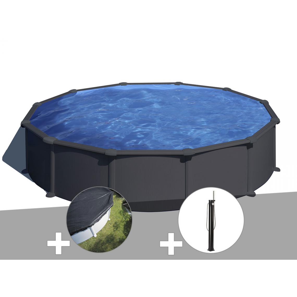 Gre - Kit piscine acier gris anthracite Gré Juni ronde 5,70 x 1,32 m + Bâche d'hivernage + Douche - Piscines acier et résine