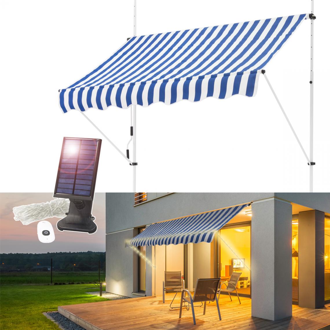 ML-Design - ML-Design store à pinces bleu/blanc, 250x120 cm, avec chaîne de 7m pour lumière solaire LED - Marquise, auvent