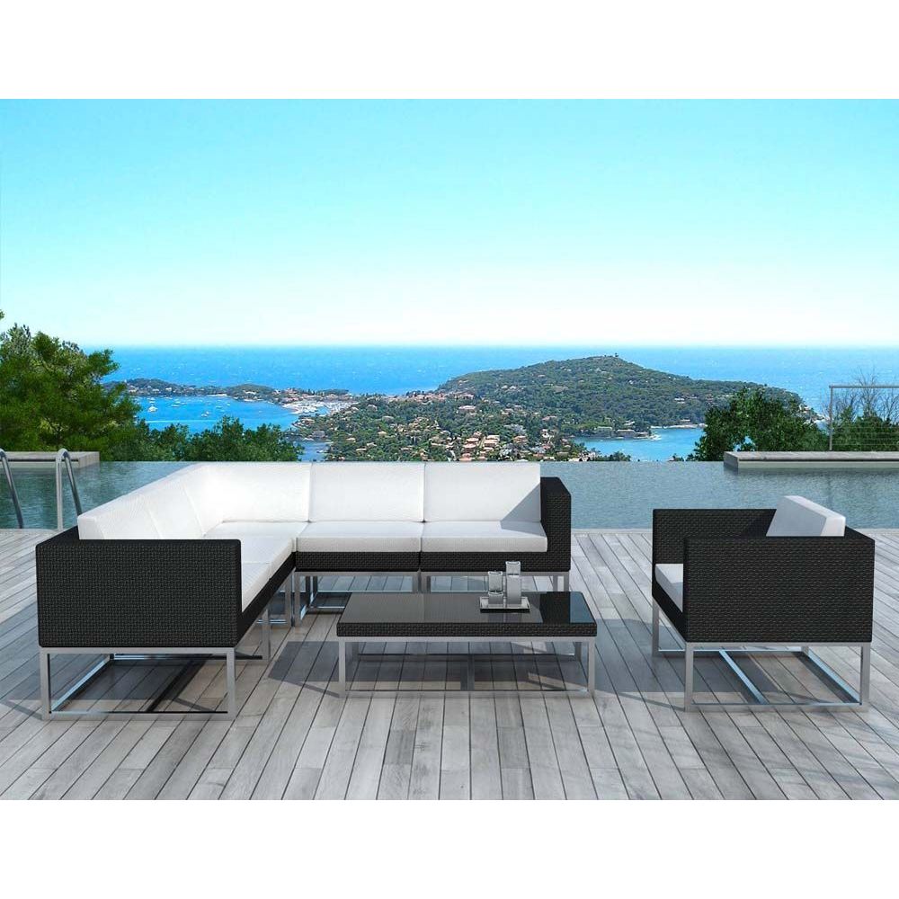 Delorm - Salon de jardin design 7 éléments en résine noire coussins écrus - Ensembles tables et chaises
