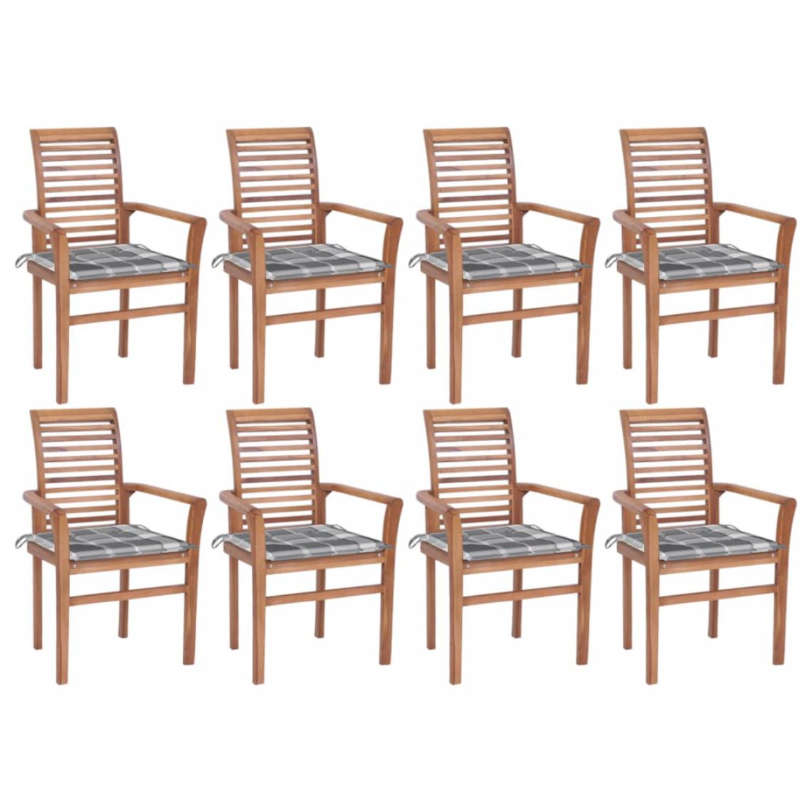 Vidaxl - vidaXL Chaises à dîner 8 pcs avec coussins à carreaux gris Teck solide - Chaises de jardin
