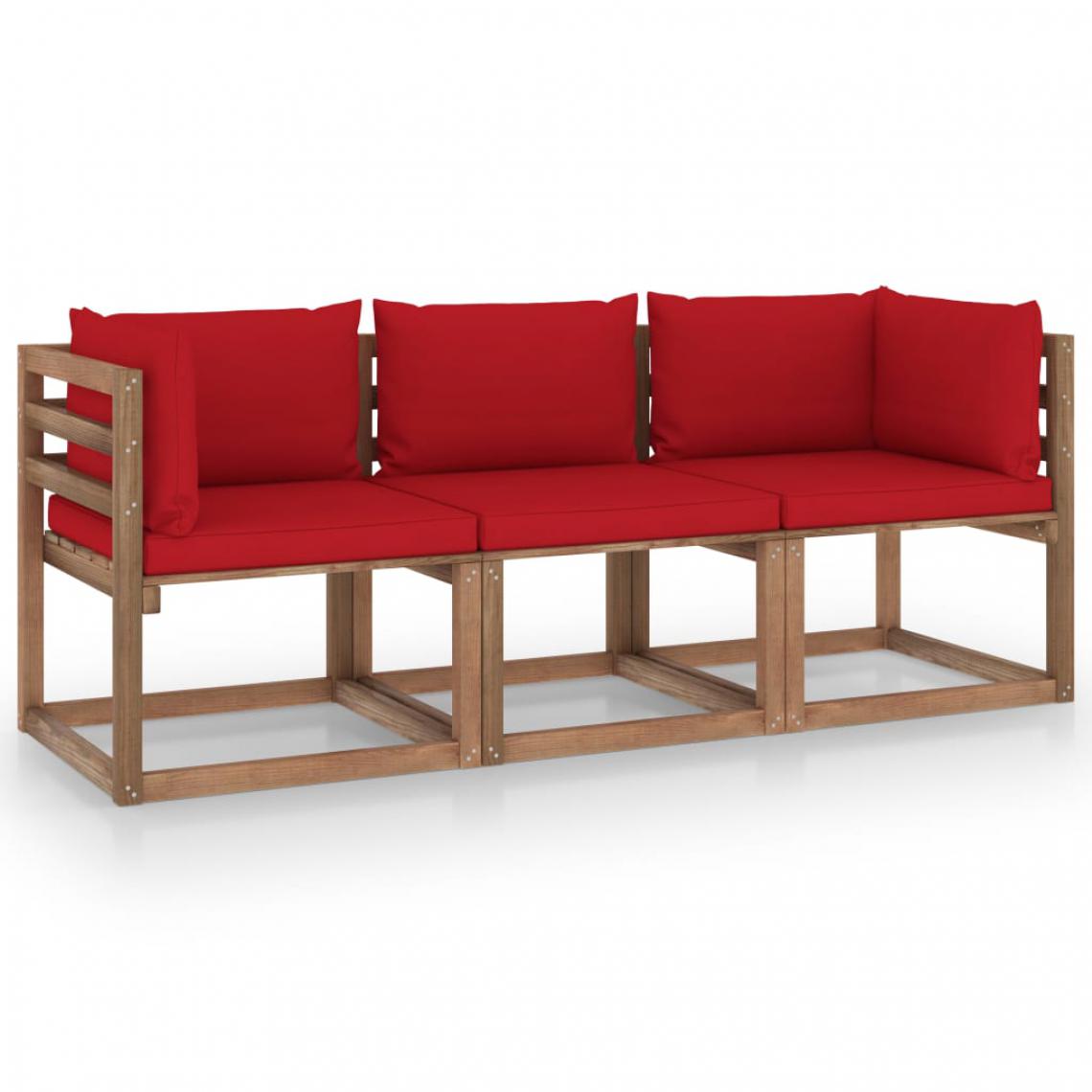 Chunhelife - Canapé palette de jardin 3 places et coussins rouge Pinède - Ensembles canapés et fauteuils