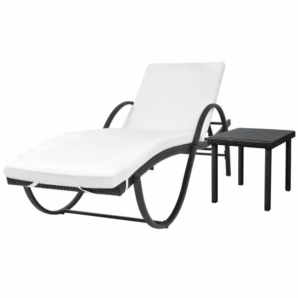 Chunhelife - Chaise longue avec coussin et table Résine tressée Noir - Transats, chaises longues