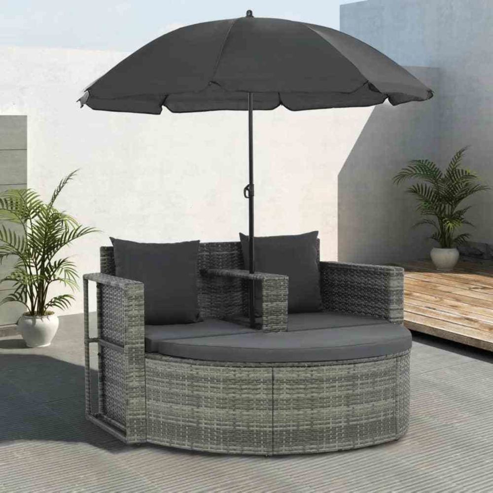 Vidaxl - Canapé d'extérieur à 2 places avec parasol Résine tressée Gris - Sièges d'extérieur - Canapés d'extérieur | Gris | Gris - Chaises de jardin