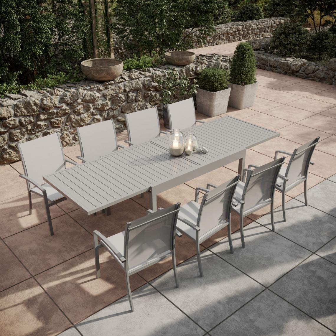 Avril Paris - Table de jardin extensible aluminium 135/270cm + 8 fauteuils empilables textilène gris - ANDRA - Ensembles canapés et fauteuils