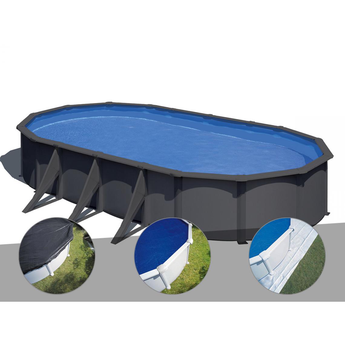 Gre - Kit piscine acier gris anthracite Gré Louko ovale 7,44 x 3,99 x 1,22 m + Bâche d'hivernage + Bâche à bulles + Tapis de sol - Piscines acier et résine