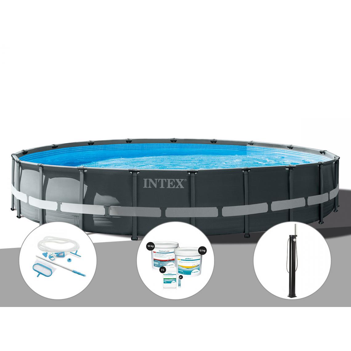 Intex - Kit piscine tubulaire Intex Ultra XTR Frame ronde 6,10 x 1,22 m + Kit d'entretien + Kit de traitement au chlore + Douche solaire - Piscine Tubulaire
