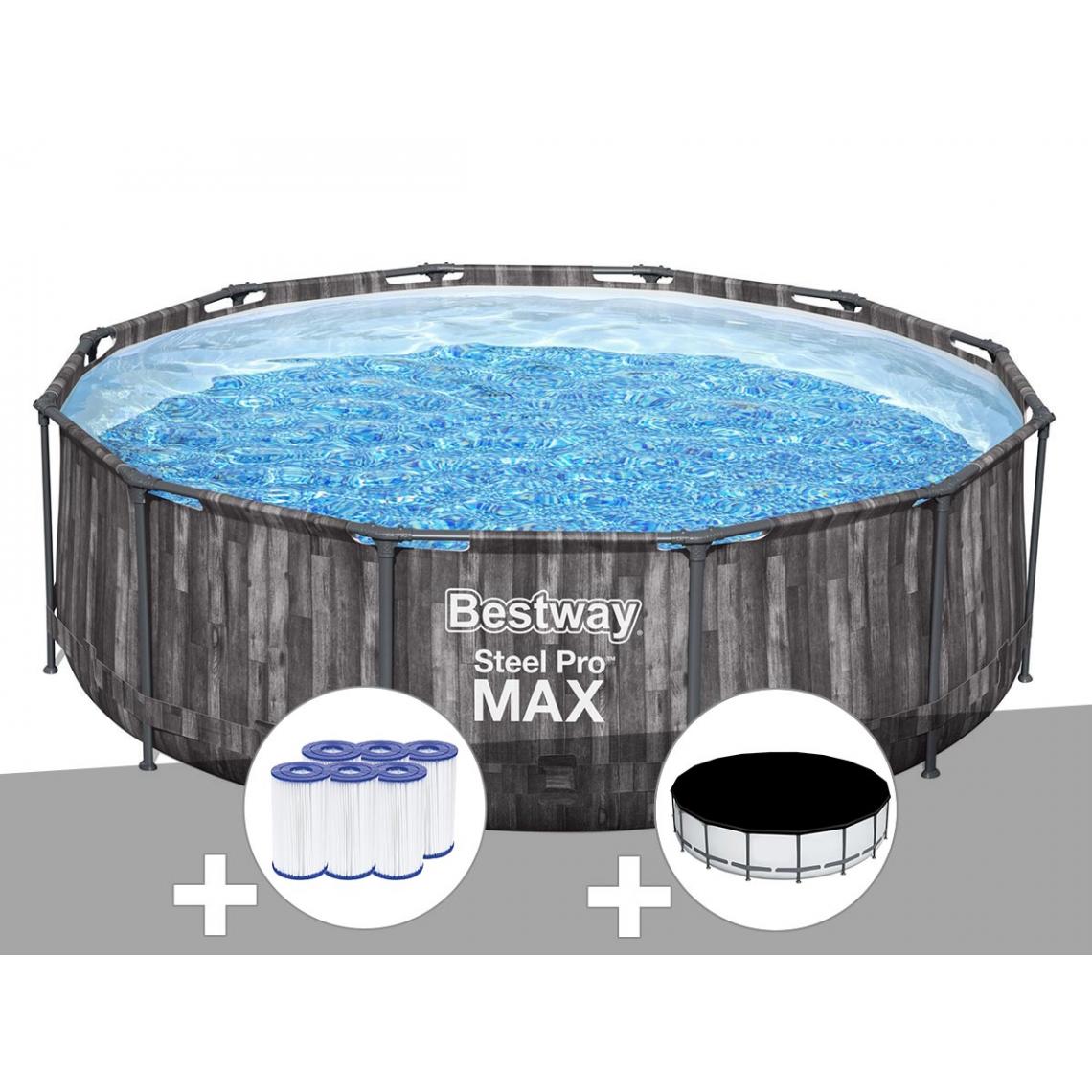 Bestway - Kit piscine tubulaire ronde Bestway Steel Pro Max décor bois 3,66 x 1,00 m + 6 cartouches de filtration + Bâche de protection - Piscine Tubulaire