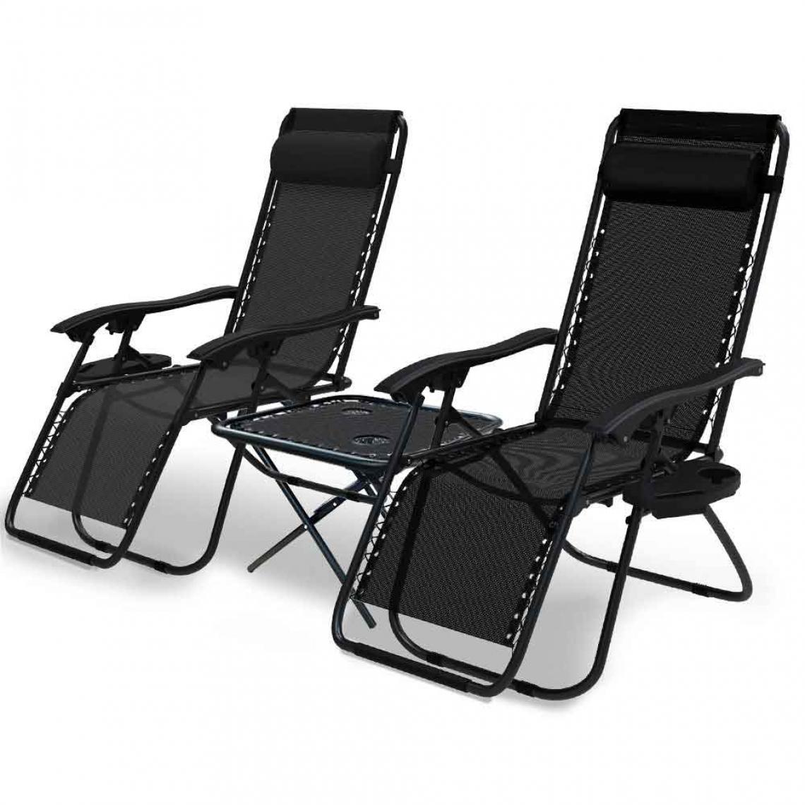 Vounot - Lot de 2 Chaise longue inclinable en textilene avec table d'appoint porte gobelet et portable noir - Transats, chaises longues