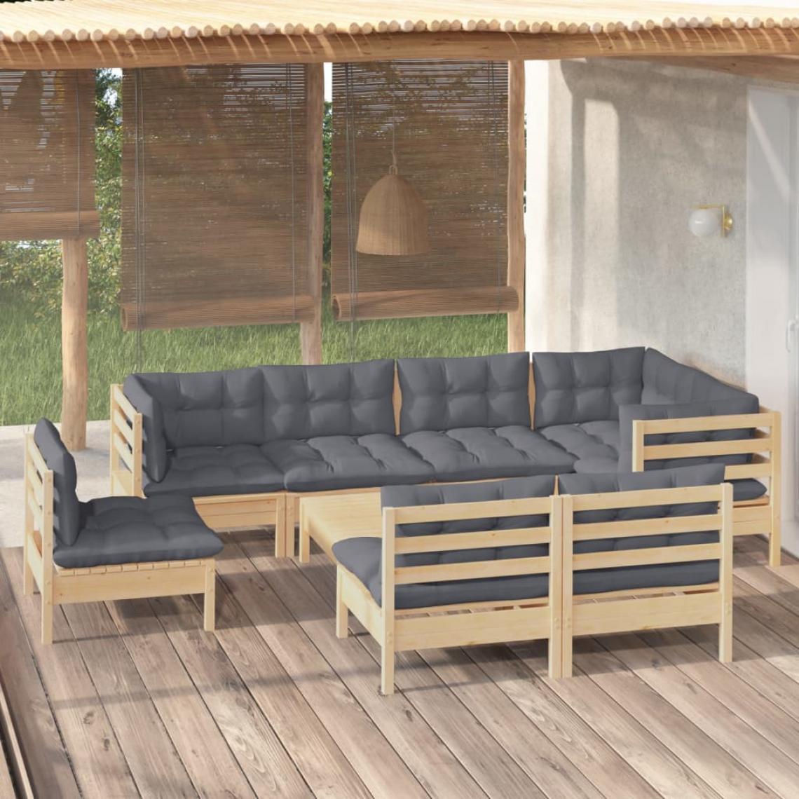 Vidaxl - vidaXL Salon de jardin 9 pcs avec coussins gris Bois de pin massif - Ensembles canapés et fauteuils