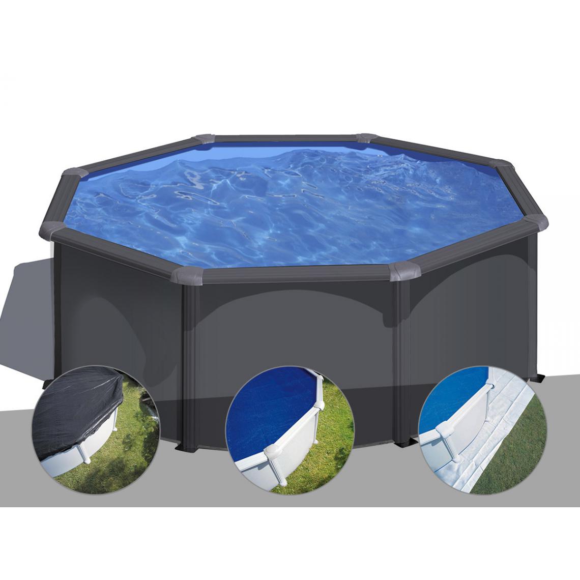 Gre - Kit piscine acier gris anthracite Gré Louko ronde 3,20 x 1,22 m + Bâche d'hivernage + Bâche à bulles + Tapis de sol - Piscines acier et résine