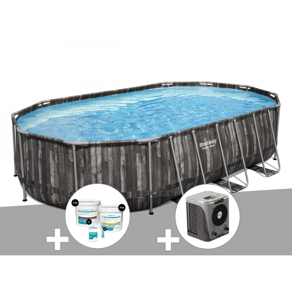 Bestway - Kit piscine tubulaire ovale Bestway Power Steel décor bois 6,10 x 3,66 x 1,22 m + Kit de traitement au chlore + Pompe à chaleur - Piscine Tubulaire