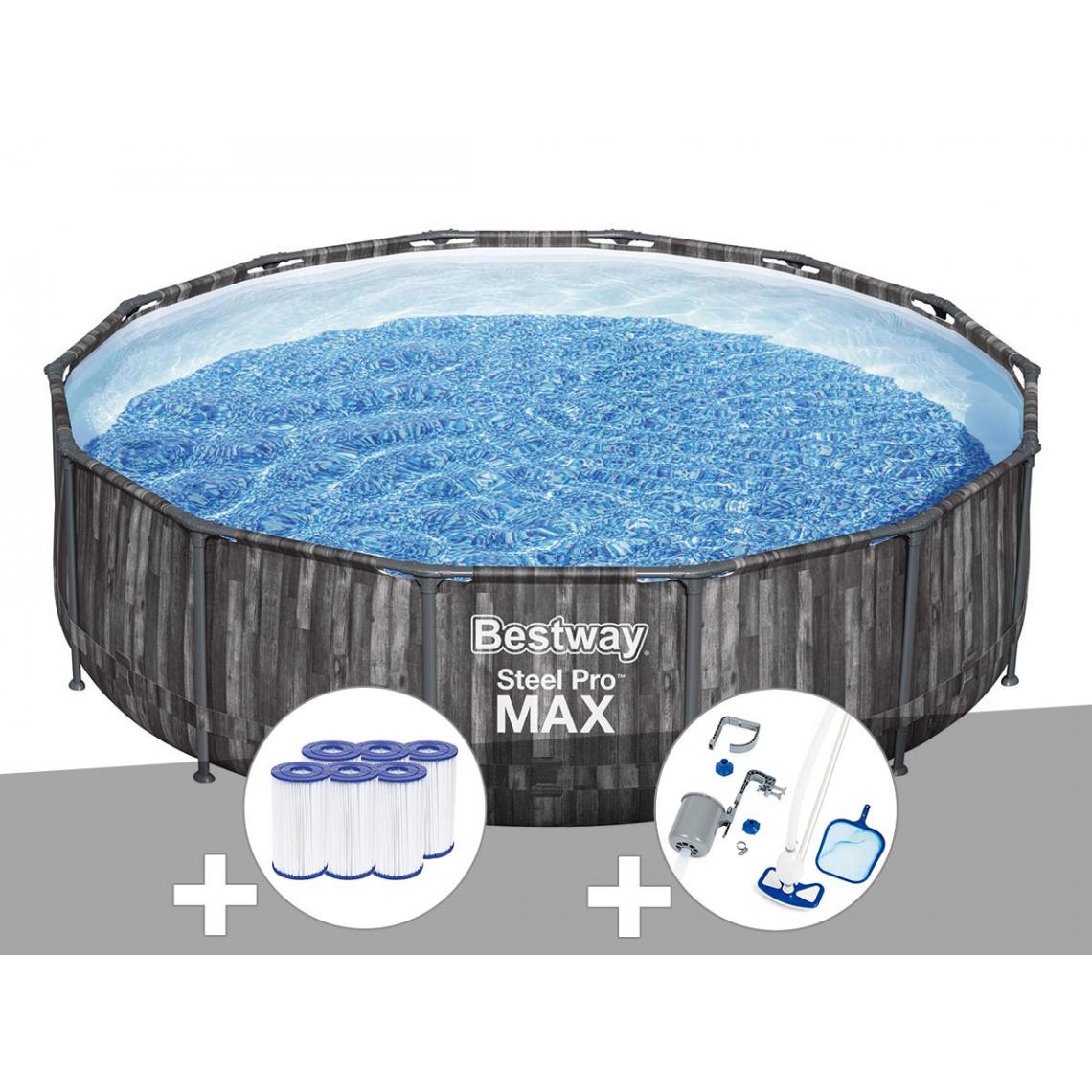 Bestway - Kit piscine tubulaire ronde Bestway Steel Pro Max décor bois, 4,27 x 1,07 m + 6 cartouches de filtration + Kit d'entretien Deluxe - Piscine Tubulaire