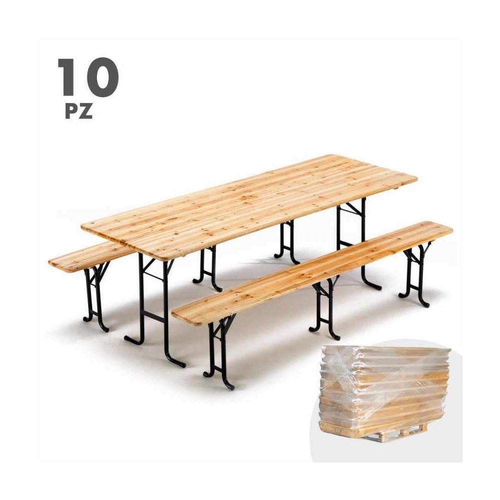 Wood Decor - 10 Table de brasserie bancs en bois 3 jambes pliant ensemble 220 x 80 - Ensembles canapés et fauteuils