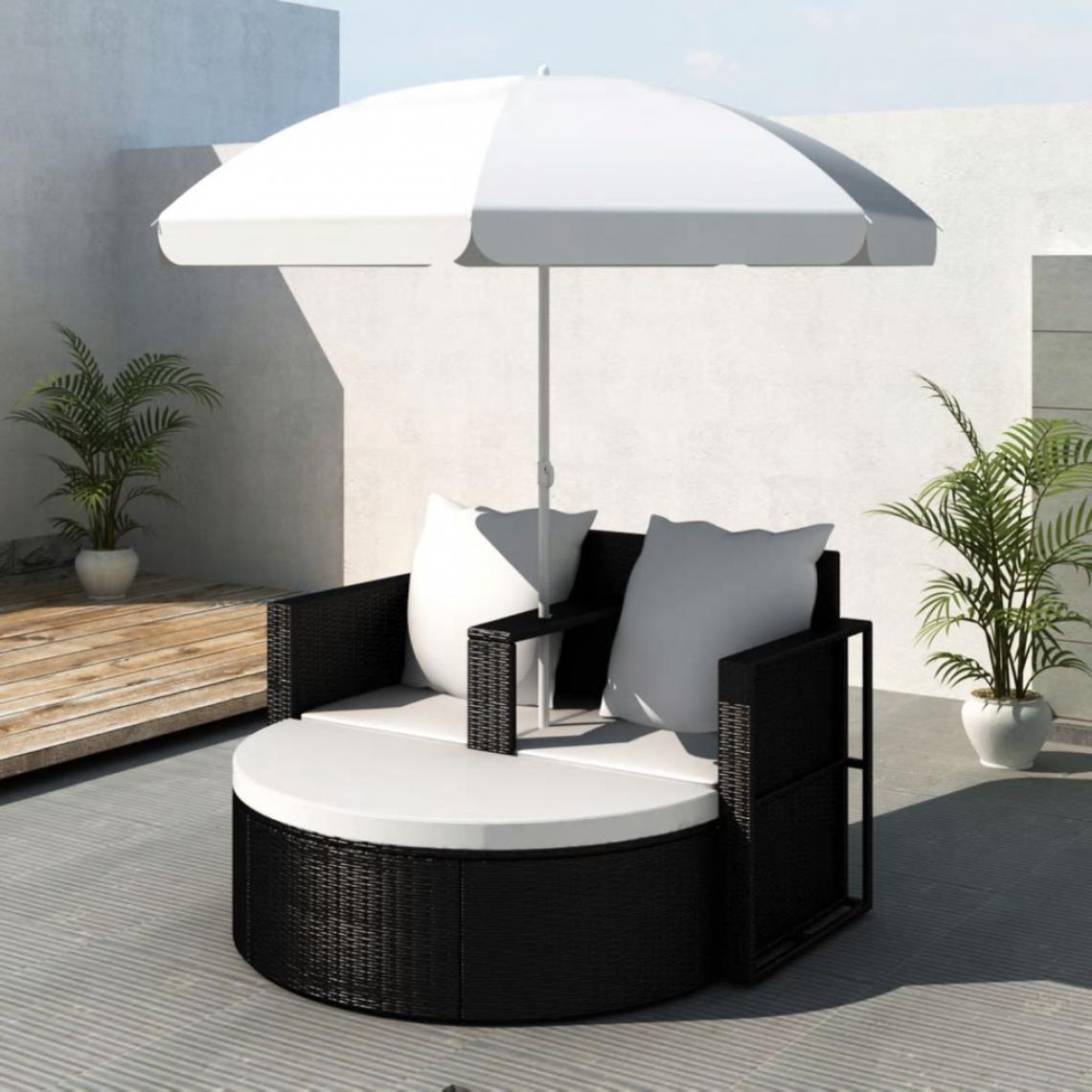 Hucoco - Canapé de 2 places rond noir avec le parasol - Noir - Chaises de jardin