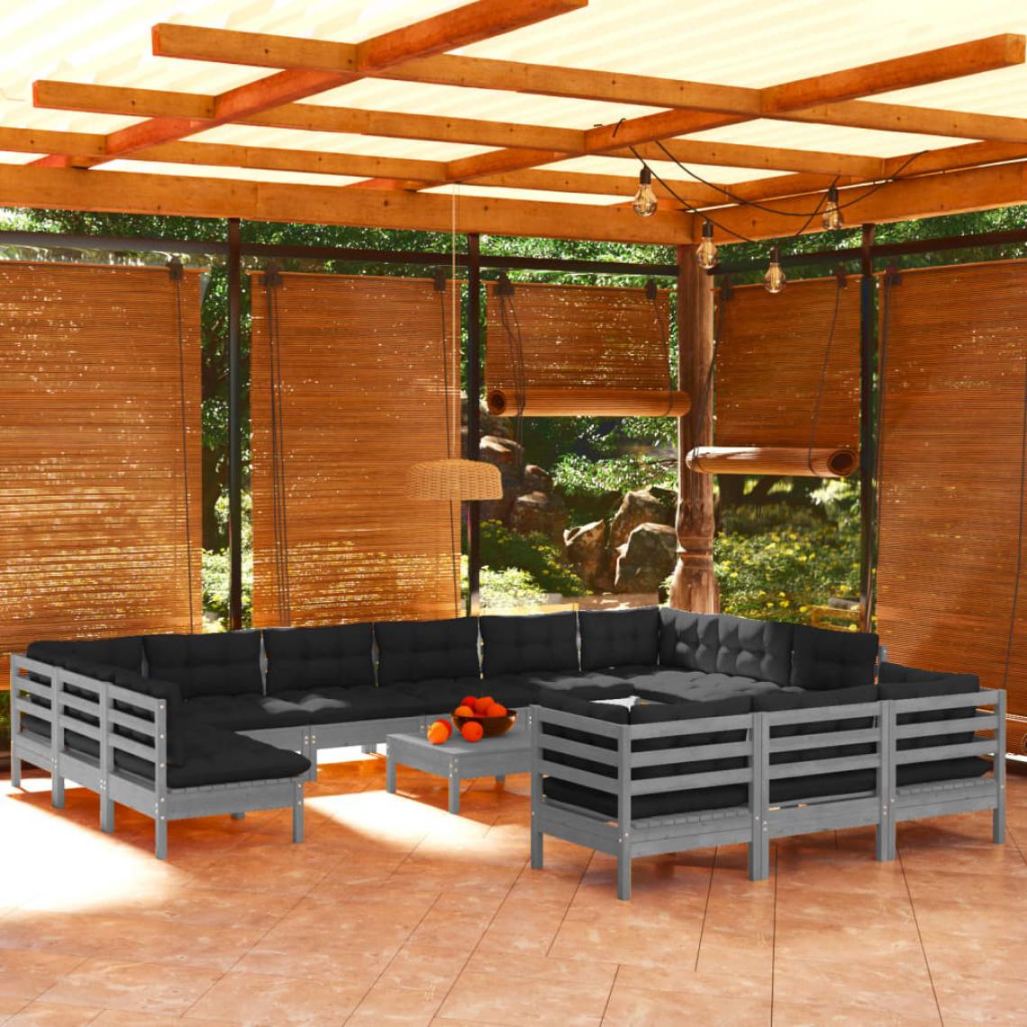 Vidaxl - vidaXL Salon de jardin 14 pcs avec coussins Gris Bois de pin - Ensembles canapés et fauteuils