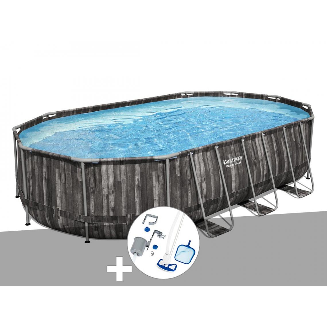 Bestway - Kit piscine tubulaire ovale Bestway Power Steel décor bois 6,10 x 3,66 x 1,22 m + Kit d'entretien Deluxe - Piscine Tubulaire