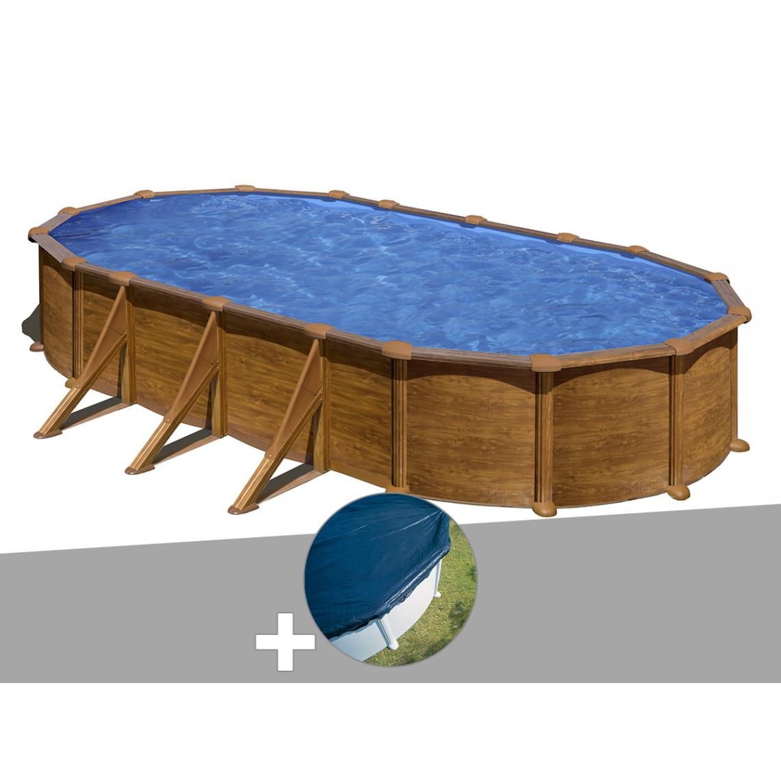 Gre - Kit piscine acier aspect bois Gré Mauritius ovale 7,44 x 3,99 x 1,32 m + Bâche hiver - Piscines acier et résine