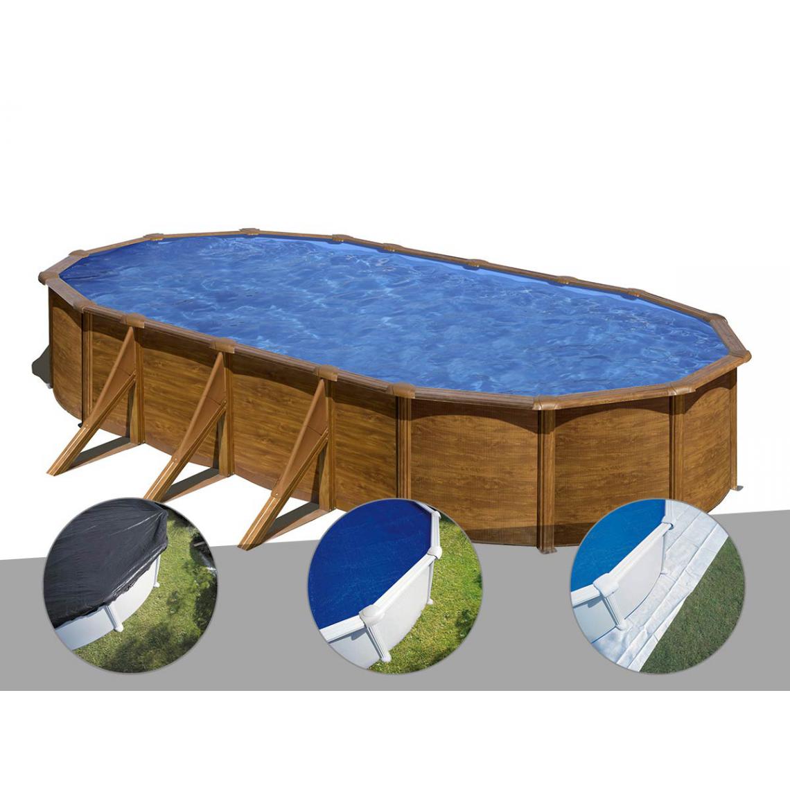 Gre - Kit piscine acier aspect bois Gré Pacific ovale 7,44 x 3,99 x 1,22 m + Bâche d'hivernage + Bâche à bulles + Tapis de sol - Piscines acier et résine