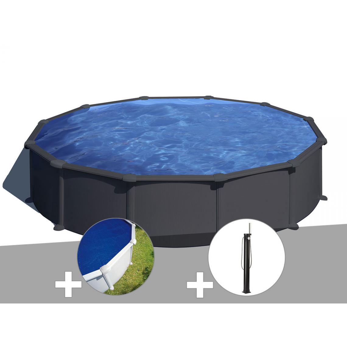 Gre - Kit piscine acier gris anthracite Gré Juni ronde 5,70 x 1,32 m + Bâche à bulles + Douche - Piscines acier et résine