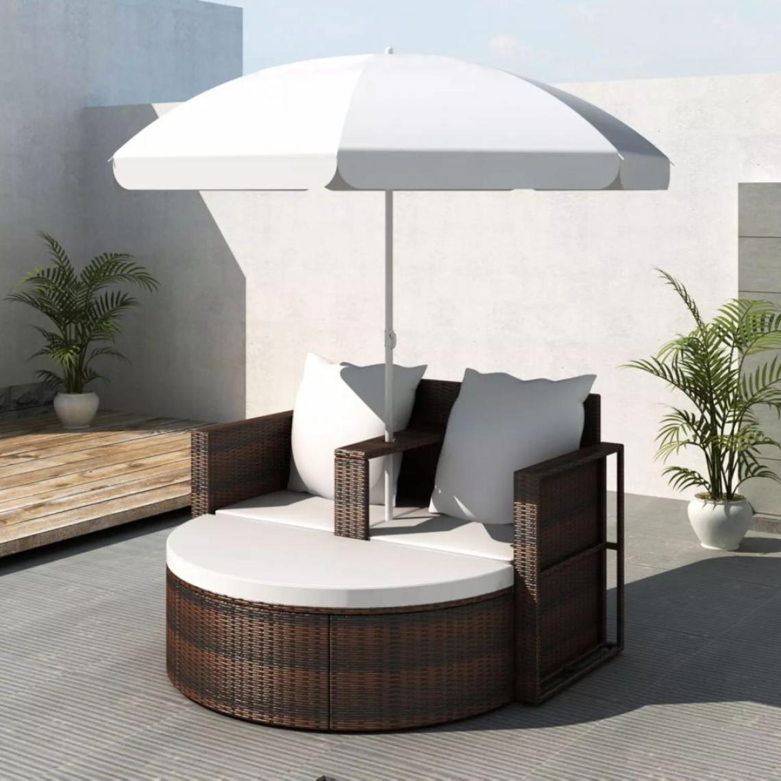 Hucoco - Canapé de 2 places rond brun avec le parasol - Brun - Chaises de jardin