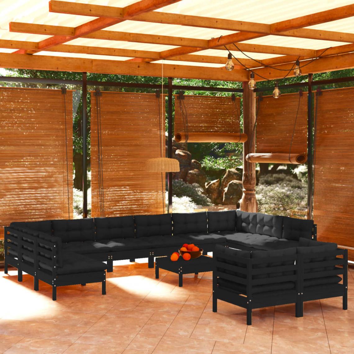 Vidaxl - vidaXL Salon de jardin 13 pcs avec coussins Noir Bois de pin - Ensembles canapés et fauteuils