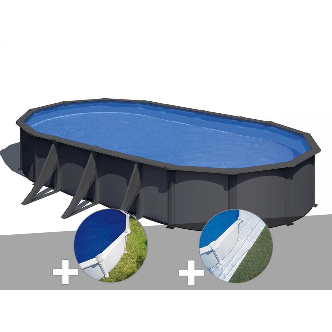 Gre - Kit piscine acier gris anthracite Gré Louko ovale 7,44 x 3,99 x 1,22 m + Bâche à bulles + Tapis de sol - Piscines acier et résine