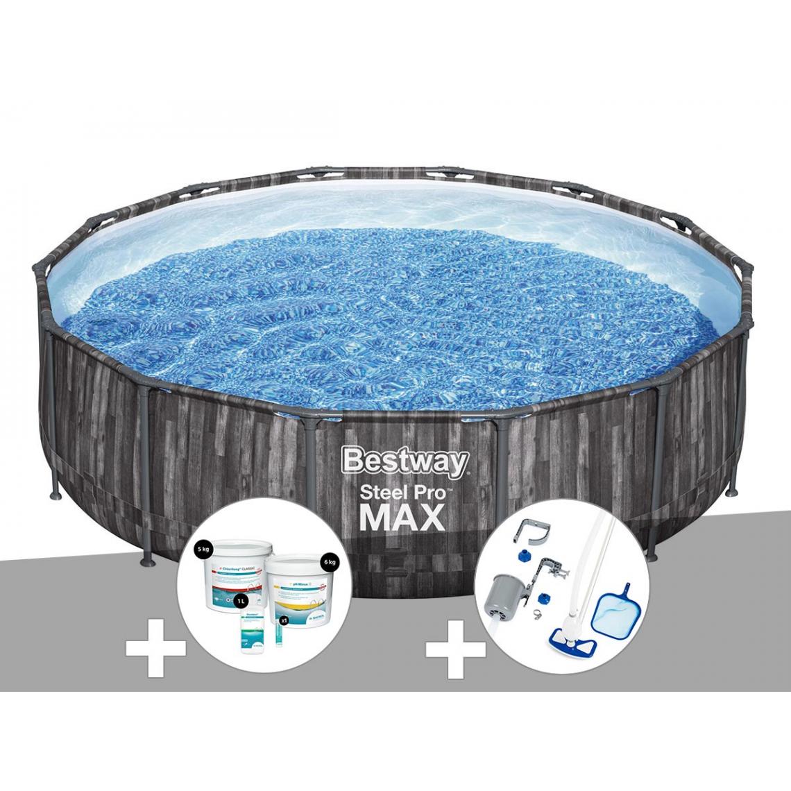Bestway - Kit piscine tubulaire ronde Bestway Steel Pro Max décor bois, 4,27 x 1,07 m + Kit de traitement au chlore + Kit d'entretien Deluxe - Piscine Tubulaire