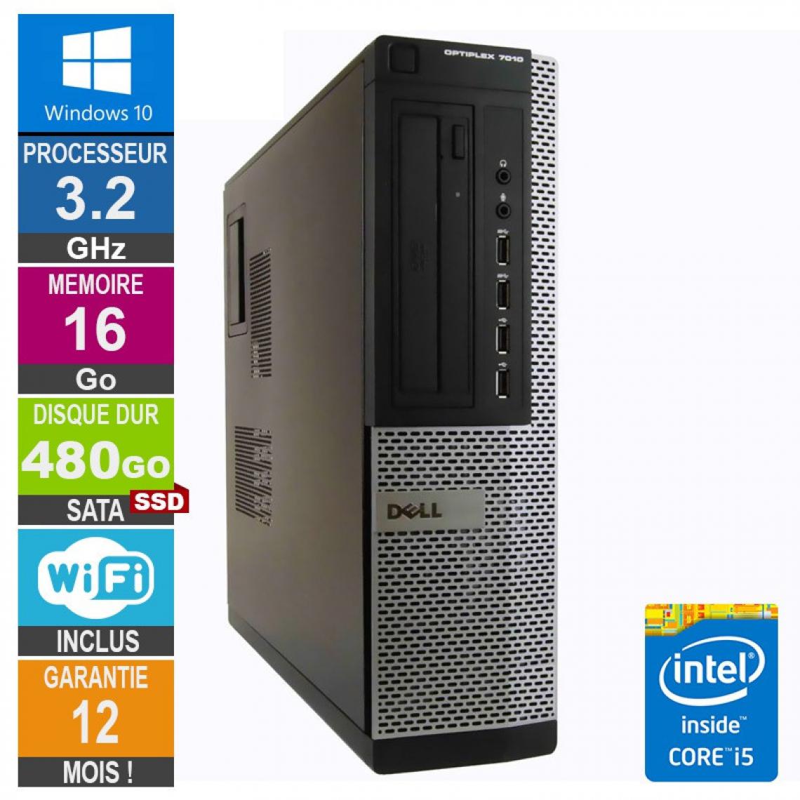 Dell - PC Dell Optiplex 7010 DT Core i5-3470 3.20GHz 16Go/480Go SSD Wifi W10 - PC Fixe