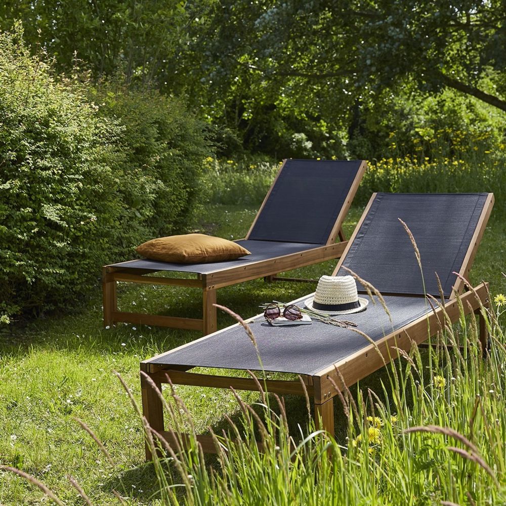 Bois Dessus Bois Dessous - Bain de soleil en bois d'acacia et textilène (lot de 2) - Transats, chaises longues