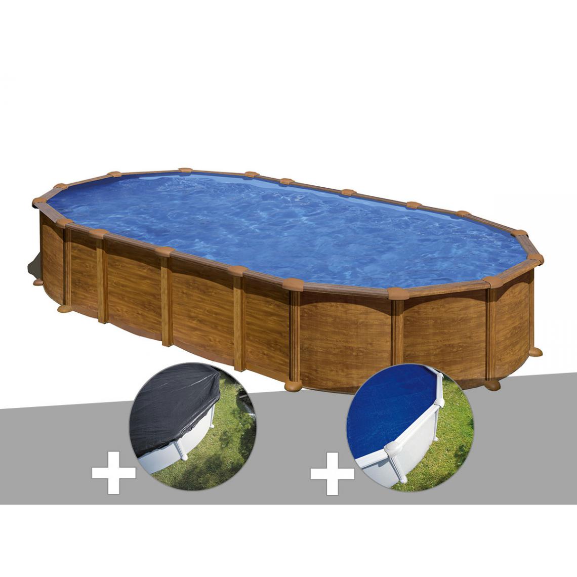 Gre - Kit piscine acier aspect bois Gré Pacific ovale 7,44 x 3,99 x 1,22 m + Bâche d'hivernage + Bâche à bulles - Piscines acier et résine