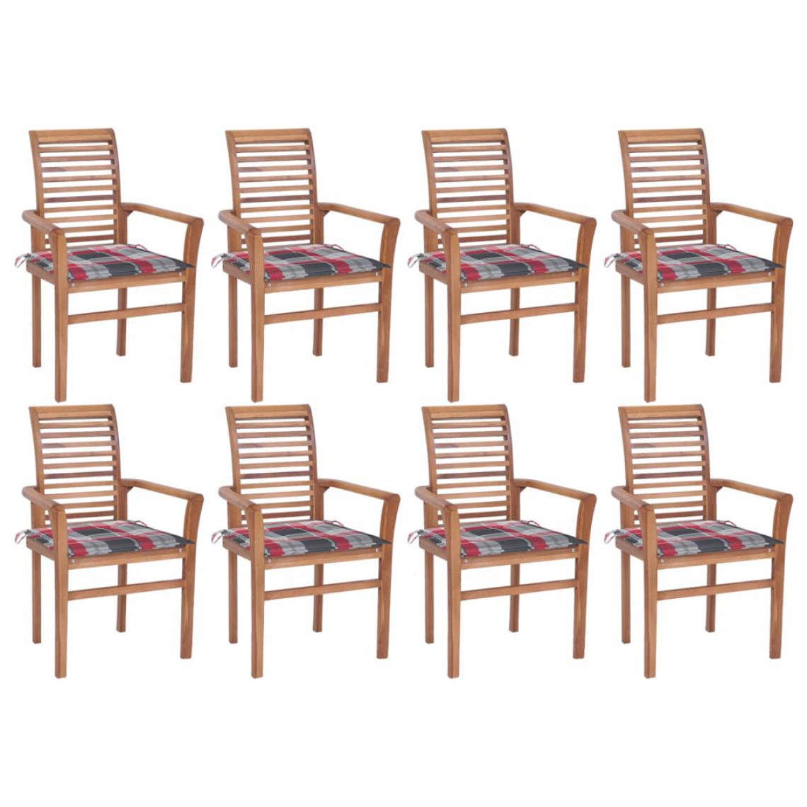 Vidaxl - vidaXL Chaises à dîner 8pcs avec coussins à carreaux rouge Teck solide - Chaises de jardin