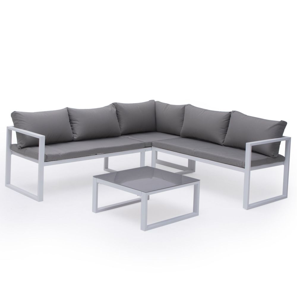 Happy Garden - Salon de jardin modulable IBIZA en tissu gris 4 places - aluminium blanc - Ensembles tables et chaises
