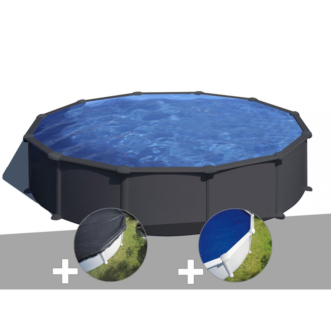 Gre - Kit piscine acier gris anthracite Gré Juni ronde 5,70 x 1,32 m + Bâche d'hivernage + Bâche à bulles - Piscines acier et résine