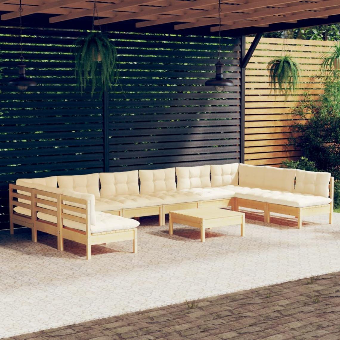 Vidaxl - vidaXL Salon de jardin 11 pcs avec coussins crème Bois de pin massif - Ensembles canapés et fauteuils