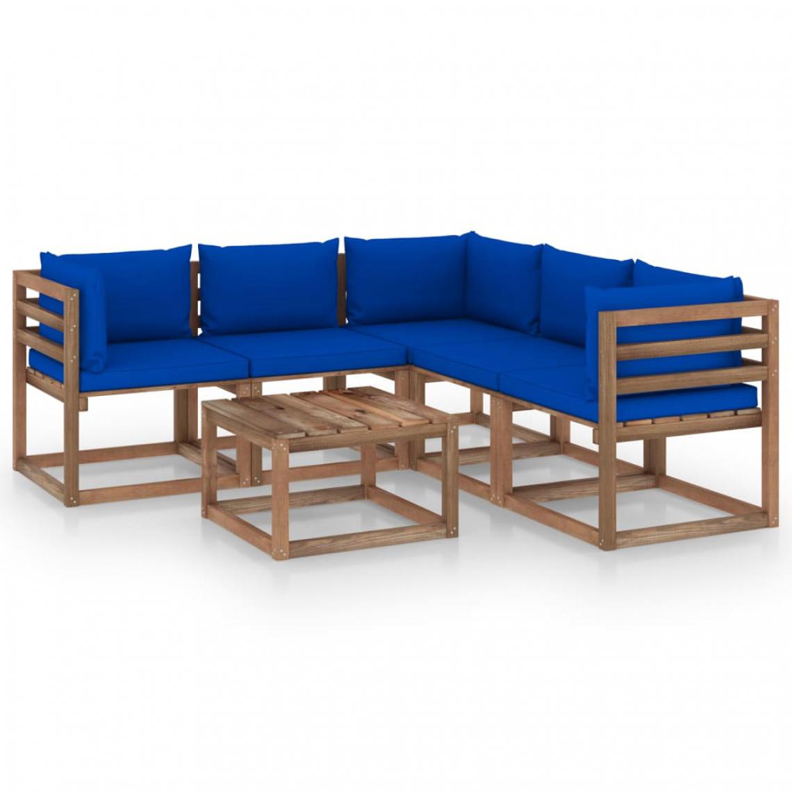 Chunhelife - Salon de jardin 6 pcs avec coussins bleu Bois de pin imprégné - Ensembles canapés et fauteuils