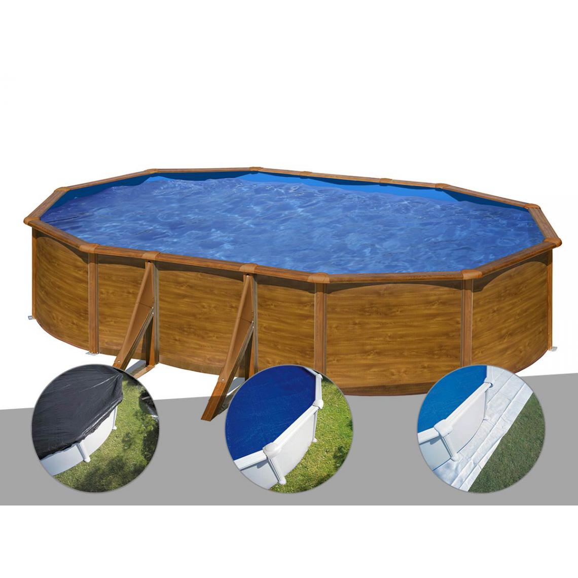 Gre - Kit piscine acier aspect bois Gré Pacific ovale 5,27 x 3,27 x 1,22 m + Bâche d'hivernage + Bâche à bulles + Tapis de sol - Piscines acier et résine