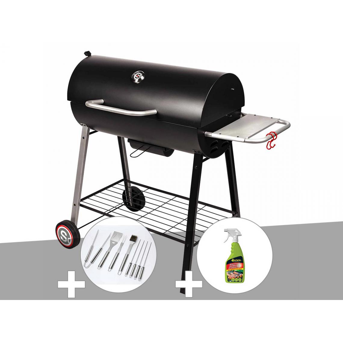 Somagic - Barbecue à charbon sur chariot Michigan - Somagic + Malette de 8 accessoires inox + Dégraissant pour barbecue - Barbecues charbon de bois