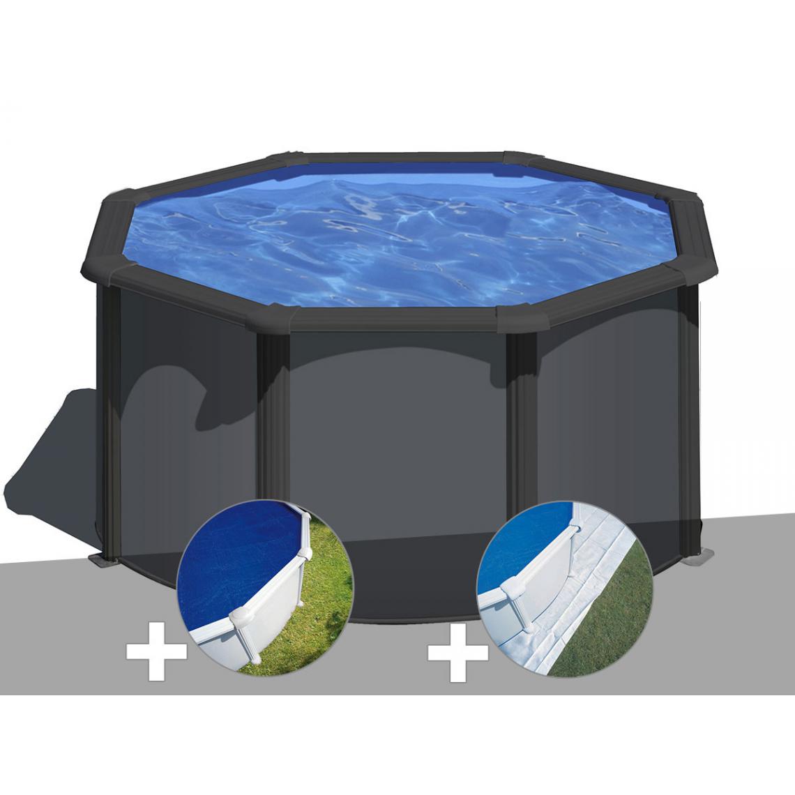 Gre - Kit piscine acier gris anthracite Gré Louko ronde 2,60 x 1,22 m + Bâche à bulles + Tapis de sol - Piscines acier et résine