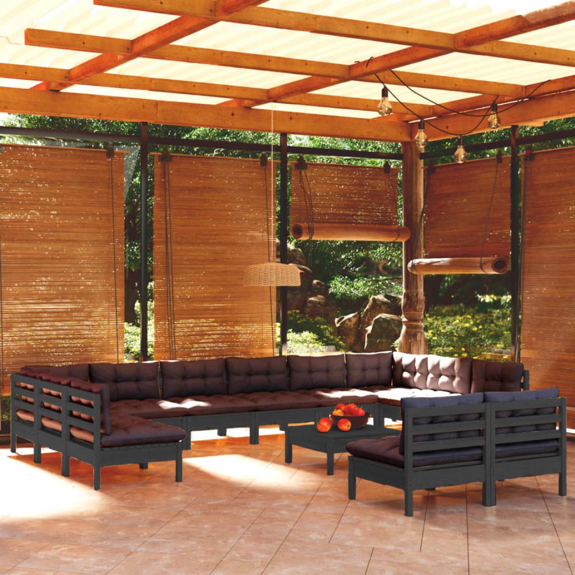 Vidaxl - vidaXL Salon de jardin 13 pcs avec coussins Noir Bois de pin massif - Ensembles canapés et fauteuils
