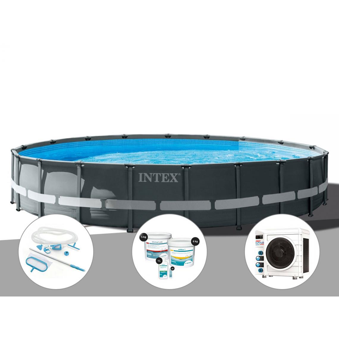 Intex - Kit piscine tubulaire Intex Ultra XTR Frame ronde 6,10 x 1,22 m + Kit d'entretien + Kit de traitement au chlore + Pompe à chaleur - Piscine Tubulaire