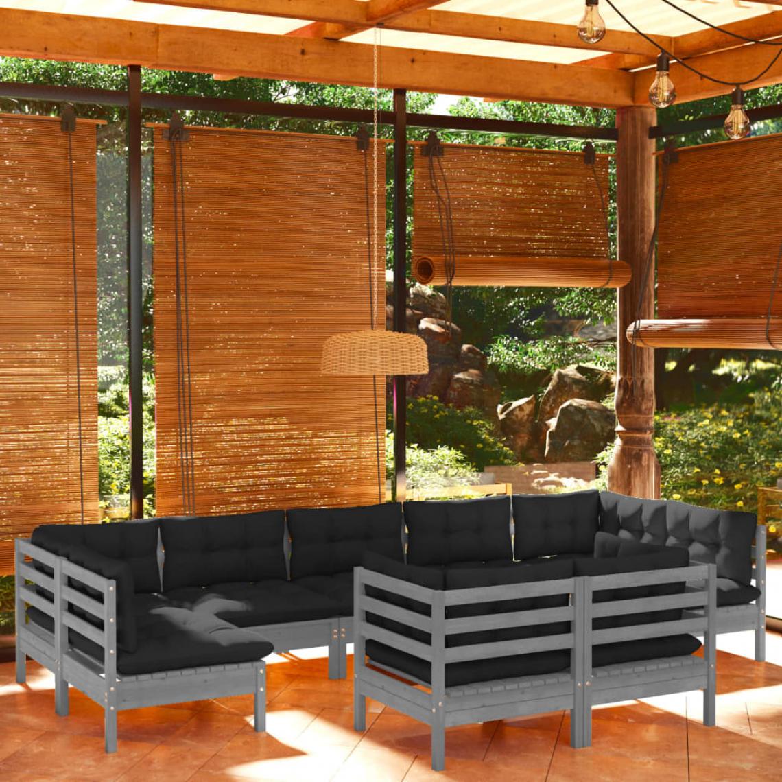Vidaxl - vidaXL Salon de jardin 9 pcs avec coussins Gris Bois de pin solide - Ensembles canapés et fauteuils