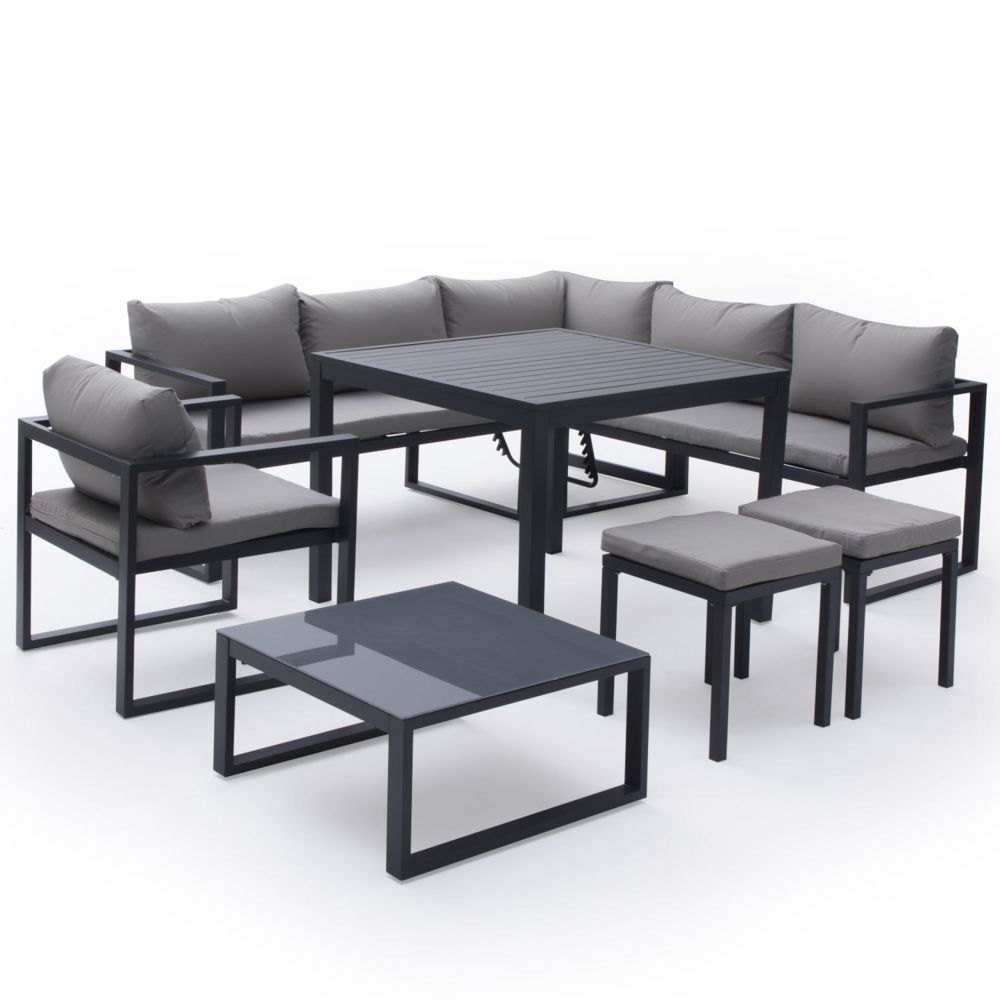 Happy Garden - Salon de jardin modulable IBIZA en tissu gris 7 places - aluminium anthracite - Ensembles tables et chaises