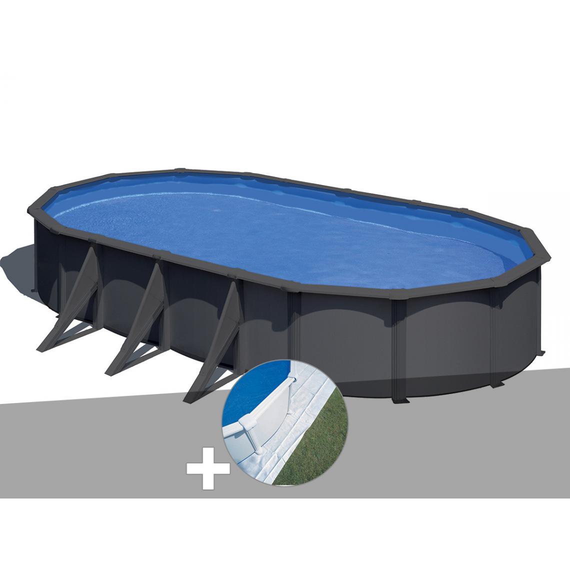 Gre - Kit piscine acier gris anthracite Gré Louko ovale 7,44 x 3,99 x 1,22 m + Tapis de sol - Piscines acier et résine