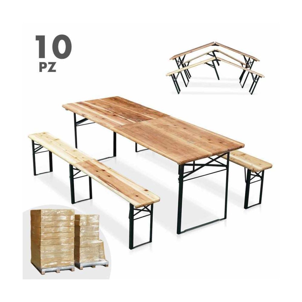 Wood Decor - 10 Tables de brasserie pliantes et bancs en bois 220x80 cm - Ensembles canapés et fauteuils