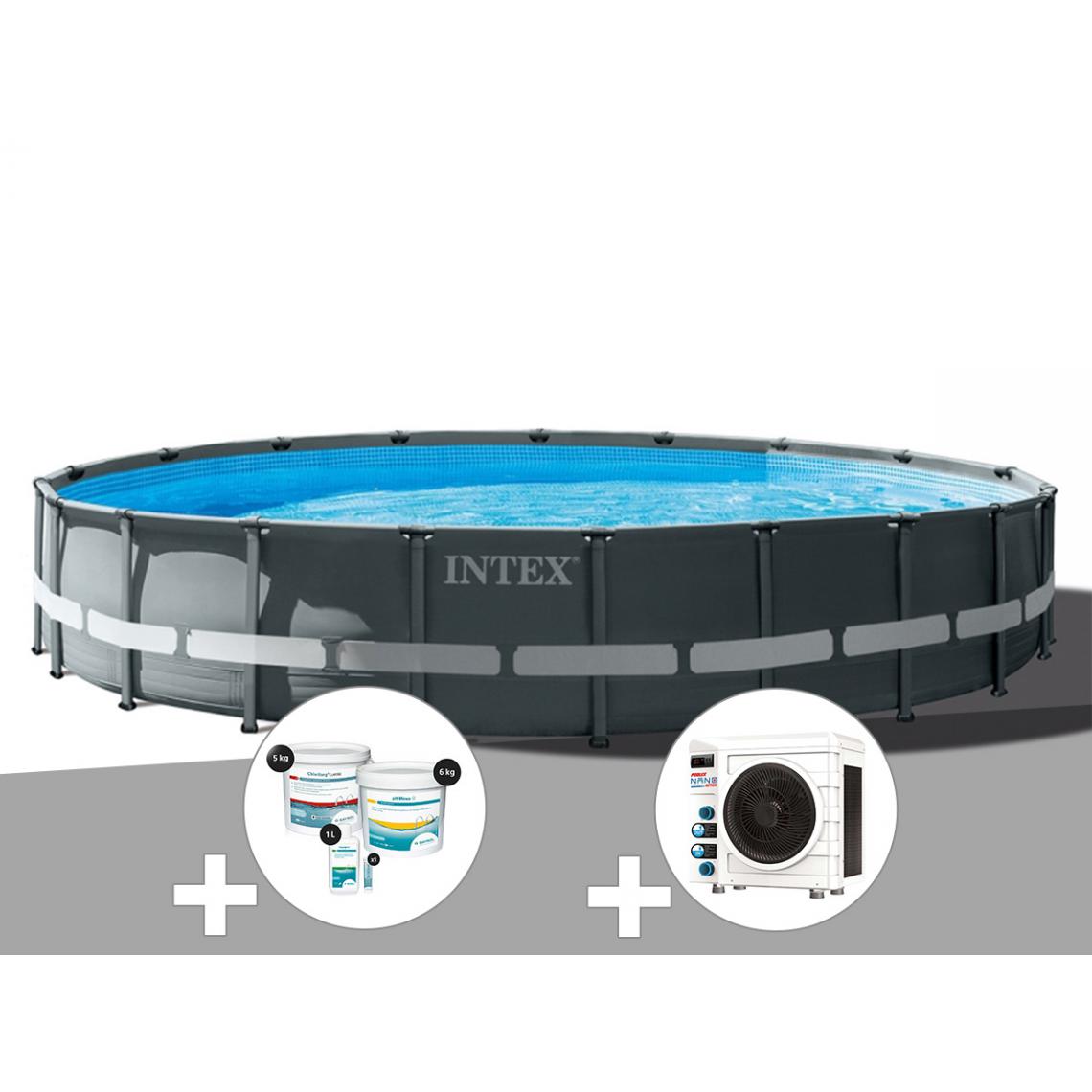 Intex - Kit piscine tubulaire Intex Ultra XTR Frame ronde 6,10 x 1,22 m + Kit de traitement au chlore + Pompe à chaleur - Piscine Tubulaire